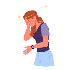 Sad woman with vertiginous stars around head suffering from migraines or anemia symptoms, stress and anxiety, vertigo. Girl with sickness feeling dizzy from iron deficiency cartoon vector illustration