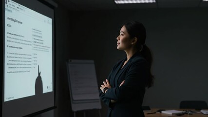 Confident Asian businesswoman in a dark conference room looking at a presentation screen with arms crossed, embodying leadership and strategic analysis - Powered by Adobe