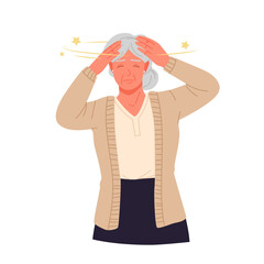 Elderly woman with vertiginous stars motion holding head with hands. Old nervous lady feeling worry and anxiety, panic and symptoms of chronic diseases, mental disorder cartoon vector illustration