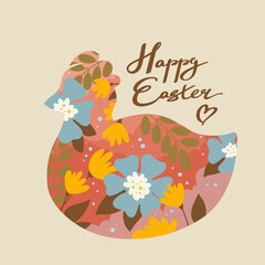 Happy Easter banner, poster, greeting card with calligraphy text and heart, spring blossom and cute colorful flowers, floral pattern inside silhouette of funny chicken cartoon vector illustration