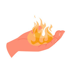 Human hand holding hot fire. Palm of wizards arm with magic gesture to carry flame and burn bonfire, throw fireball or keep heat, hand giving dangerous flammable gift cartoon vector illustration