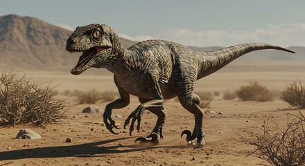 Fototapeta premium A velociraptor strides across a desert landscape with mountains in the background on a sunny day
