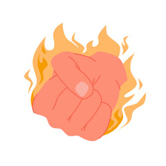 Fire blazing clenched fist of human hand, badge of energetic punch and boxing fight gesture. Flaming arm of active strong fighter with energy and confidence for protest cartoon vector illustration