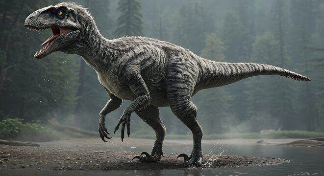 A utahraptor standing near a body of water with trees in the background in a misty environment