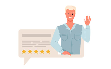 Good review, online customer feedback with five rating stars and opinion text. Speech bubble with happy man waving hand and positive comment of product satisfaction cartoon vector illustration
