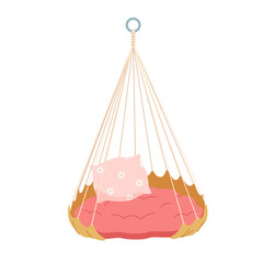 Soft cozy red big pillow hanging on ropes and ring to sleep and relax. Pink cushion with white floral pattern and garden lounge mattress, bed for rest and relaxation cartoon vector illustration