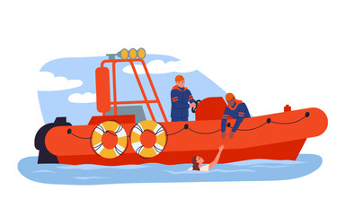 Rescue operation of lifeguards team on water. People in uniform rescuing drowning woman from water after swimming accident, rescuers in red boat with life preservers cartoon vector illustration