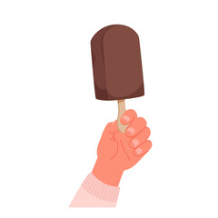 Hand holding popsicle with chocolate glaze, ice cream bar on wooden stick to eat. Fingers of character hold brown tasty snack, sweet dairy product and summer dessert cartoon vector illustration