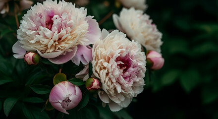 Close-up of beautiful peonies in full bloom with soft petals and lush green foliage