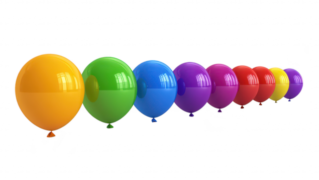 A arrangement of colorful balloons in a row. bright hues of orange. green. purple. and red against a clean white background. ideal for celebration themes and festive events