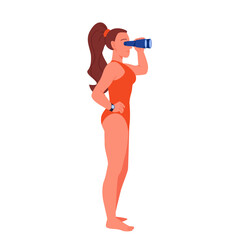 Female lifeguard standing with binoculars to watch people drowning in sea or ocean water. Brave girl with wristwatch, red swimsuit and ponytail looking through lenses cartoon vector illustration