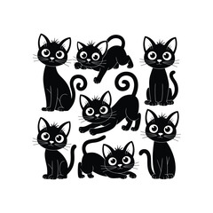 Obraz premium Cute Cartoon Black Cat Vector Set in Different Poses