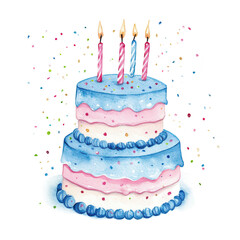 A beautifully decorated two-tier birthday cake with blue and pink icing. topped with four colorful candles. surrounded by colorful confetti. perfect for celebrations and festive occasions