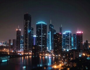 Obraz premium A futuristic city skyline with brightly lit buildings reflecting on water at night.