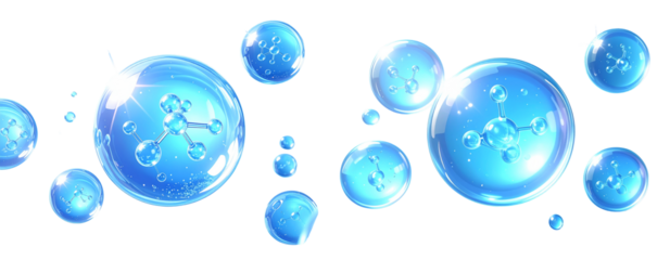  Sat of Collagen Molecule Spheres in Transparent Bubbles – Radiant Blue Background