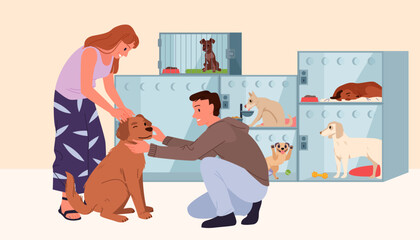 Happy couple adopting stray dog, adoption to family. Two pet owners standing with friendly adorable puppy, hugs and love from man and woman to new friend companion