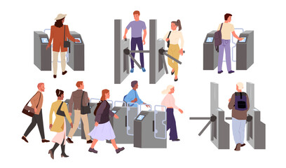 Turnstile entrance with people set. Passengers pass automatic tourniquet barriers with security access for underground subway infrastructure, commuter transportation cartoon vector illustration