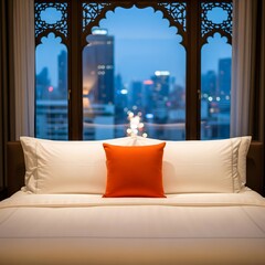 Luxurious hotel room with cityscape view at dusk and comfortable bed