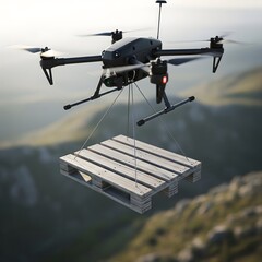 Advanced unmanned aerial vehicle delivering cargo pallet in mountainous terrain with natural background lighting and shallow depth of field