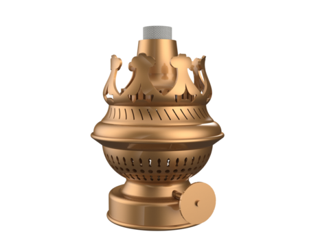 Detailed antique brass oil lamp burner, featuring intricate Victorian-era styling and a functional wick adjustment knob. Isolated on a PNG Transparent HD Background for versatile use.