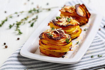 Parmesan potato stacks close up.