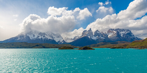 Mountain peaks panorama of Cuernos and Torres del Paine by Pehoe Lake, Torres del Paine national...