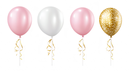 A collection of four balloons in pastel colors. including pink. white. and a gold polka-dotted design. ideal for festive occasions like birthdays or celebrations. set against a clean white background