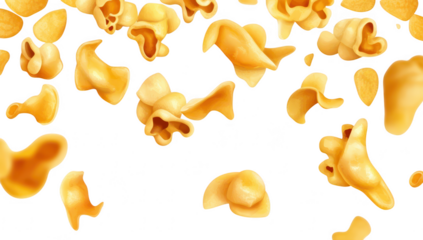 A dynamic arrangement of popped corn pieces floating against a clean white background. their unique shapes and textures. ideal for food-related content or snack advertisements