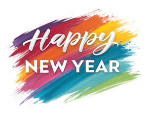 Happy New Year text in abstract brush stroke style, vibrant watercolor textures, colorful dynamic paint strokes, festive celebratory design, artistic modern typography, PNG format, 