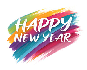 Happy New Year text in abstract brush stroke style, vibrant watercolor textures, colorful dynamic paint strokes, festive celebratory design, artistic modern typography, PNG format, 