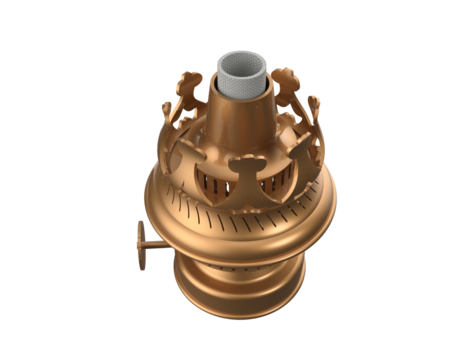 Detailed antique brass oil lamp burner, featuring intricate Victorian-era styling and a functional wick adjustment knob. Isolated on a PNG Transparent HD Background for versatile use.