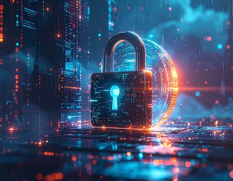 Futuristic padlock and coin in a digital city scene