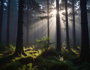 Fototapeta premium Sunbeams penetrating through a mystical forest with fog and tall trees.