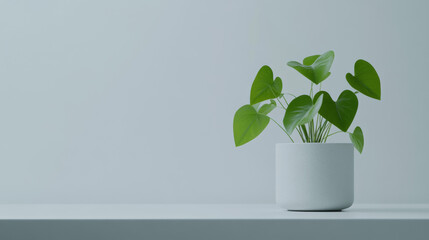 Minimalist decor features a vibrant plant. Fresh green leaves sprout from a textured pot.