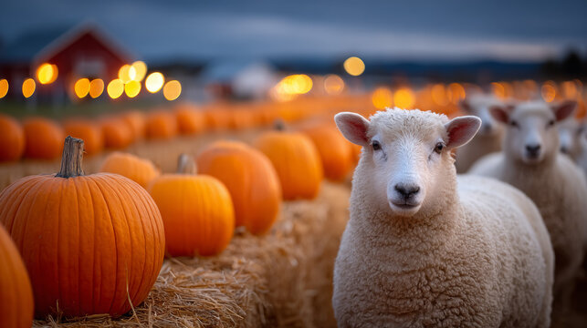 White sheep standing in front of a row of pumpkins at dusk  