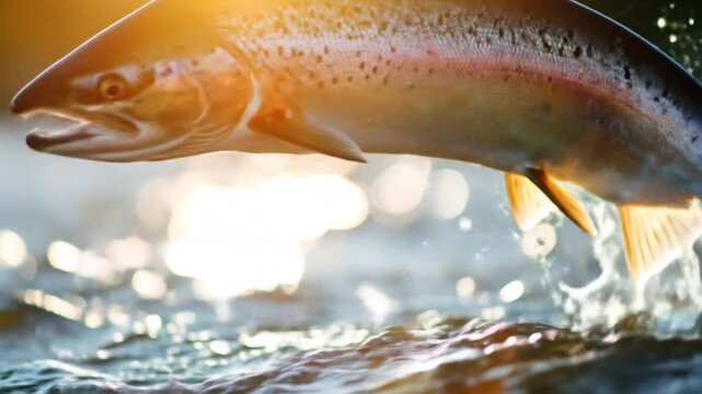 Jumping Fish Against Bokeh Sunlight With Silver Scales and Blue Water Splashes Aquatic Wild Animal In Natural River Ecosystem Stock Photo