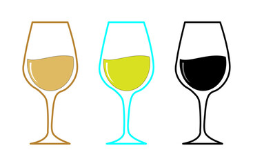 Three wine glasses with different colored liquids top-view studio shot