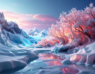 Pink And Blue Winter Landscape Futuristic Canyon Glowing Veins