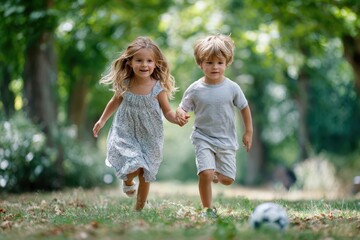 Two young children running in a park