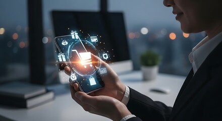 Woman using online shopping app on smartphone for e-commerce.