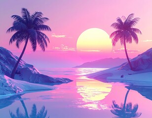 Pixel Art Sunset Beach Scene with Palm Trees