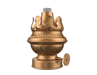Detailed antique brass oil lamp burner, featuring intricate Victorian-era styling and a functional wick adjustment knob. Isolated on a PNG Transparent HD Background for versatile use.
