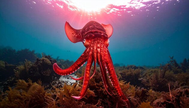 Vampire Squid Floating with Extended Arms in Red Lighting