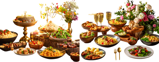 sat of Festive Culinary Celebration – Wide Angle Assortment of Soups, Meats, Salads, Pasta, and Desserts PNG