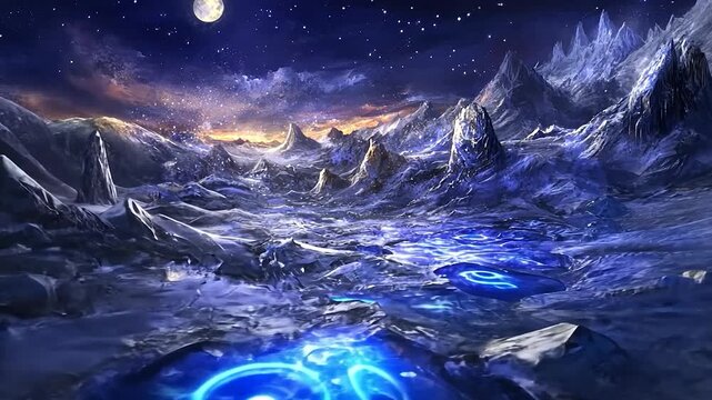 Frozen lunar landscape at night