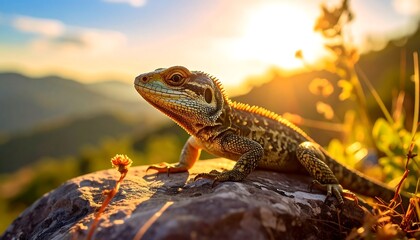 Obraz premium Lizard basking in mountain sunset