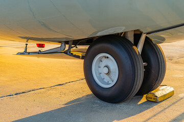 Airplane wheels parked at the airport