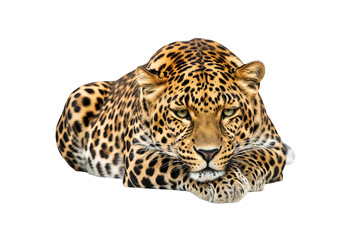 A captivating leopard rests, showcasing its intricate spotted coat against a stark black backdrop.