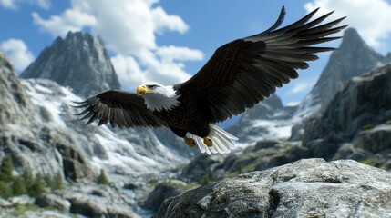 Obraz premium A majestic bald eagle soaring high above snowy mountains, capturing the grandeur of the bird in flight against a backdrop of rugged, snow-covered peaks.