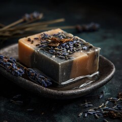 Artisanal Lavender Soap Bar with Dried Flowers on Dark Textured Surface